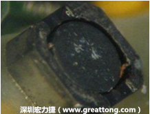 使用銀(Ag)鍍層的電源電感器(Power Inductors)，經(jīng)過推力測試后，零件端點上已經(jīng)看不到任何鍍層的痕跡了，所以其耐推力就比較小。