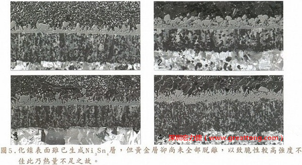 下面四圖顯示，當(dāng)焊接的熱量不足或未持續(xù)時(shí)，雖然Ni3Sn4的薄薄IMC層已經(jīng)生成而焊牢，但也會(huì)因?yàn)锳uSn及AuSn2還未來得及逸走，而停留在共金介面附近，當(dāng)有外力拉扯的時(shí)候，就很容易斷裂開來。這就是為何ENIG的焊點(diǎn)強(qiáng)度，始終不如銅面焊點(diǎn)(Cu6Sn5)來得更為牢固的主因之一。