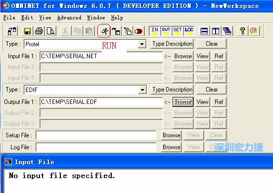 輸出文件類型(Type)選 EDIF。Output File 1 指定輸出文件的文件名和路徑。然后點擊 Run(跑動的小人)。